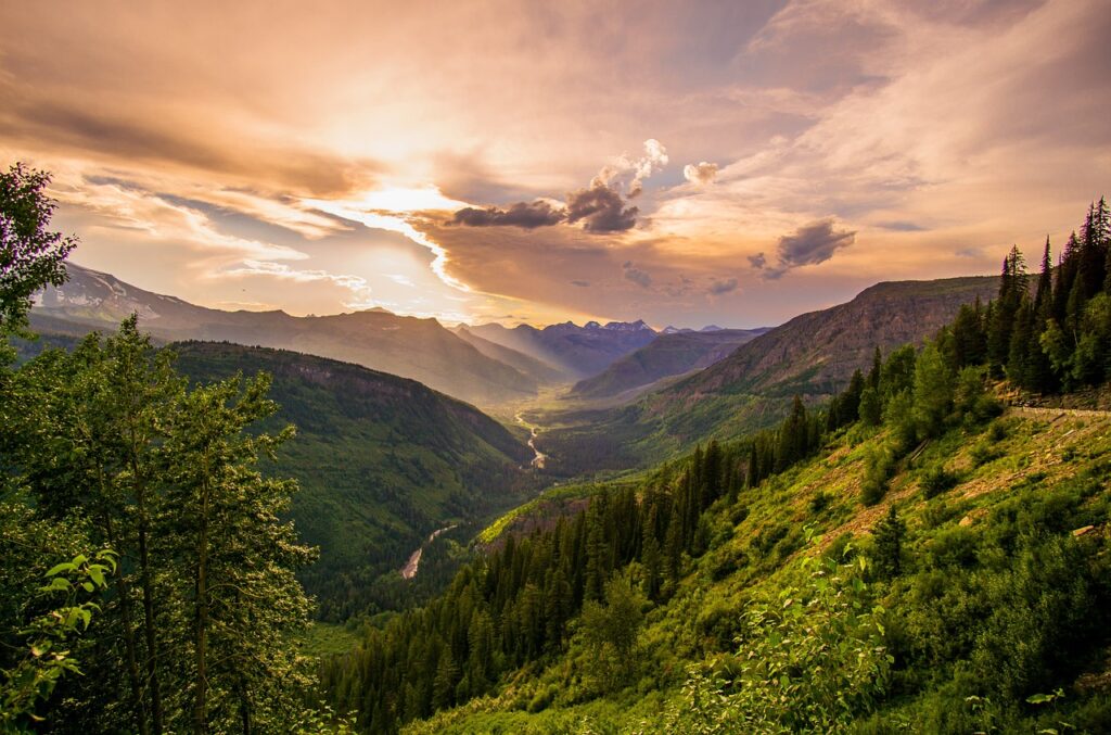 mountains, trees, sky, clouds, mountainous, mountain ranges, mountain landscape, cloudy, conifers, dawn, daylight, fir trees, idyllic, landscape, nature, pine trees, scenic, valley, woods, mountains, mountains, mountains, mountains, valley, valley, valley, valley, valley