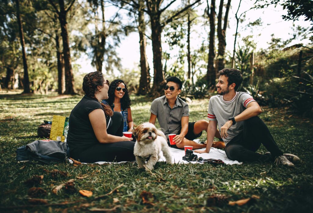 Friends having a fun picnic in the park with a Shih Tzu, enjoying a sunny day outdoors.